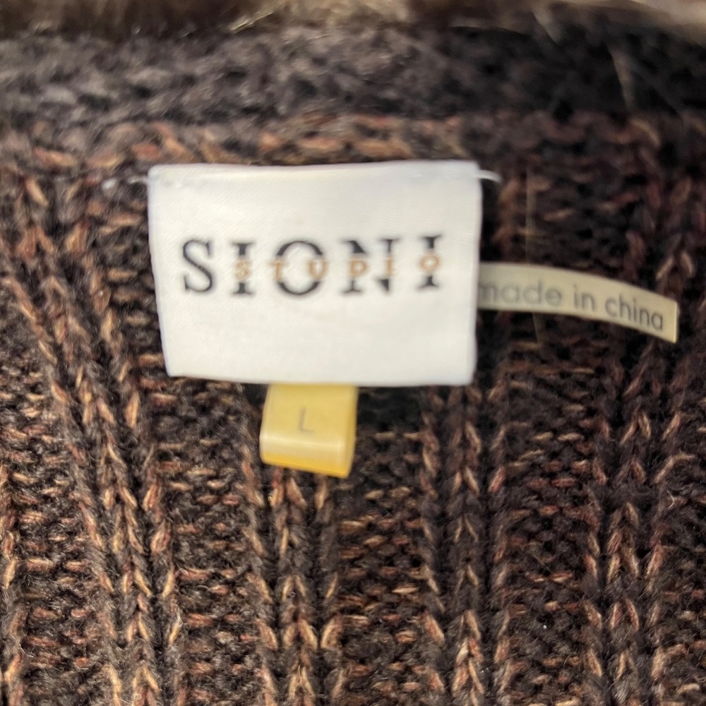 Sioni Faux Fur Trim Knit Cardigan Sweater Size L Brown Boho - Picture 4 of 8